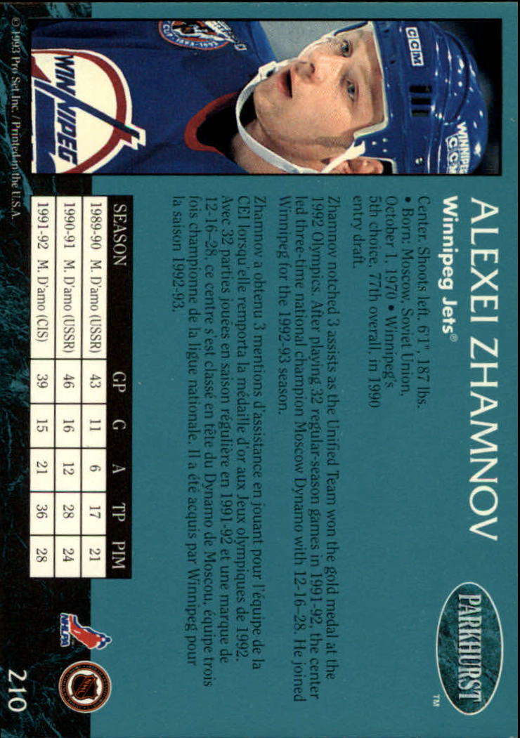 1992-93 Parkhurst #210 Alexei Zhamnov back image