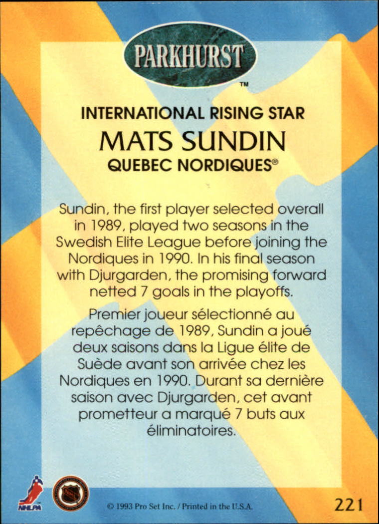 1992-93 Parkhurst #221 Mats Sundin IRS back image