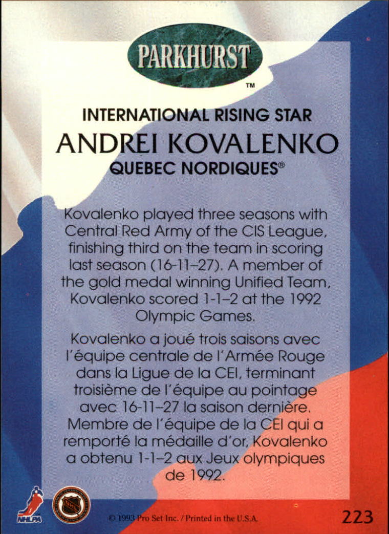 1992-93 Parkhurst #223 Andrei Kovalenko IRS back image