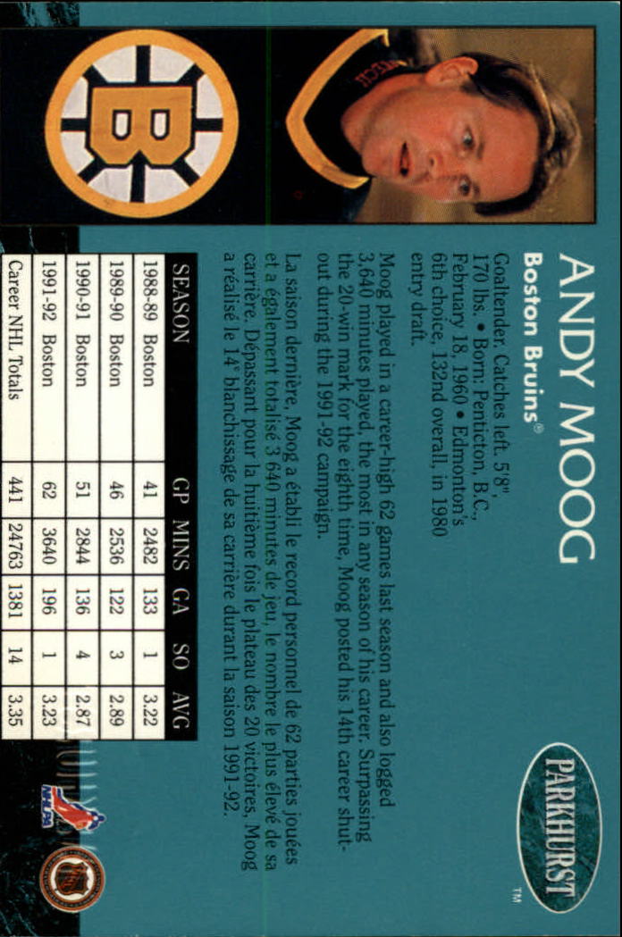 1992-93 Parkhurst Emerald Ice #3 Andy Moog back image