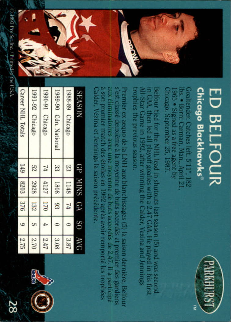 1992-93 Parkhurst Emerald Ice #28 Ed Belfour back image