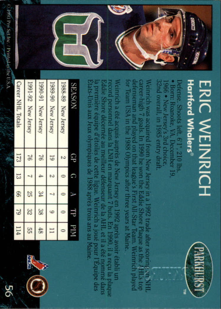 1992-93 Parkhurst Emerald Ice #56 Eric Weinrich back image