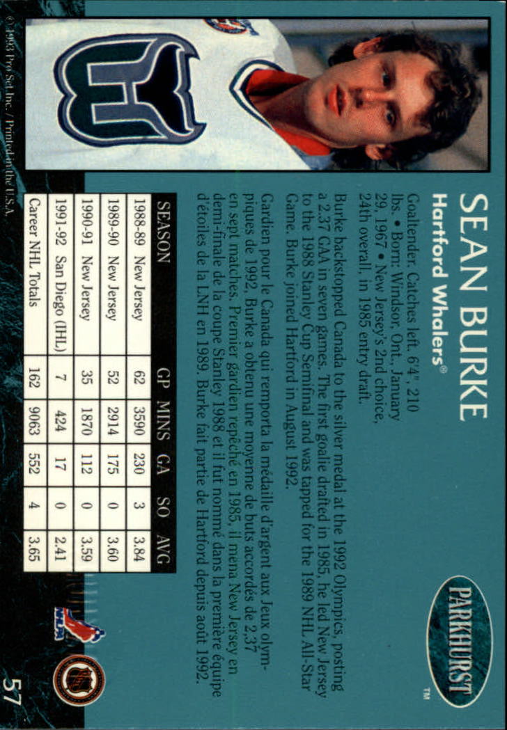 1992-93 Parkhurst Emerald Ice #57 Sean Burke back image