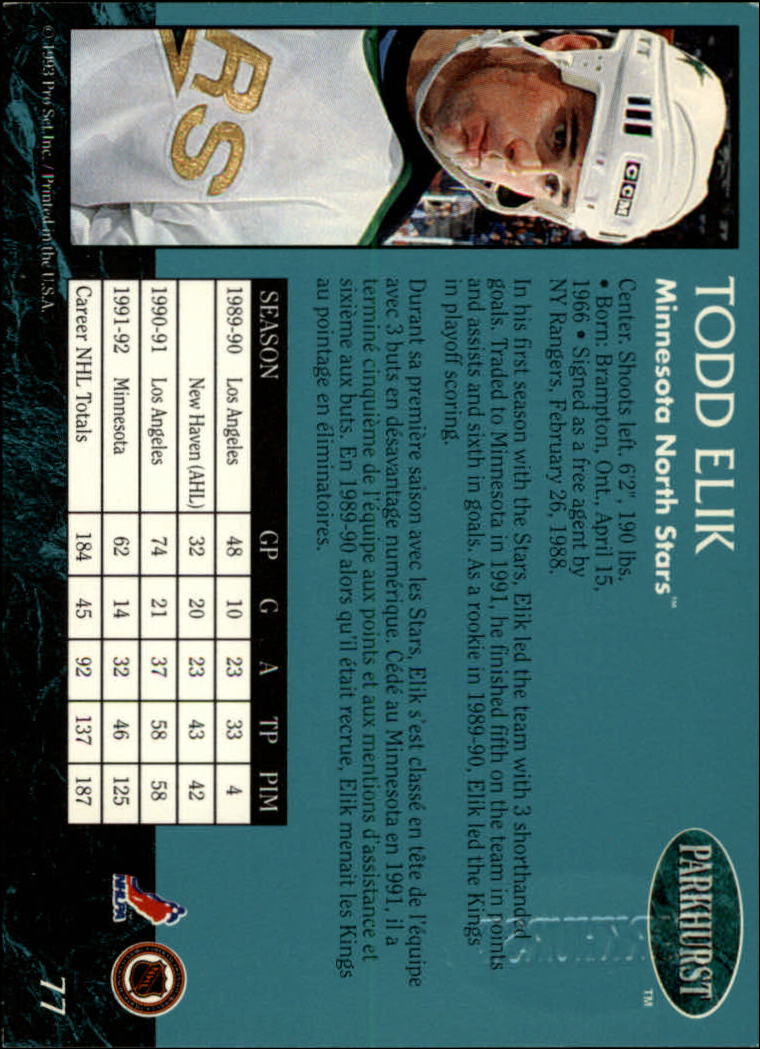 1992-93 Parkhurst Emerald Ice #77 Todd Elik back image