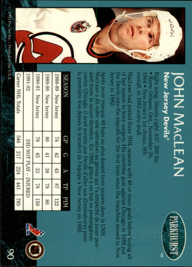1992-93 Parkhurst Emerald Ice #90 John MacLean back image
