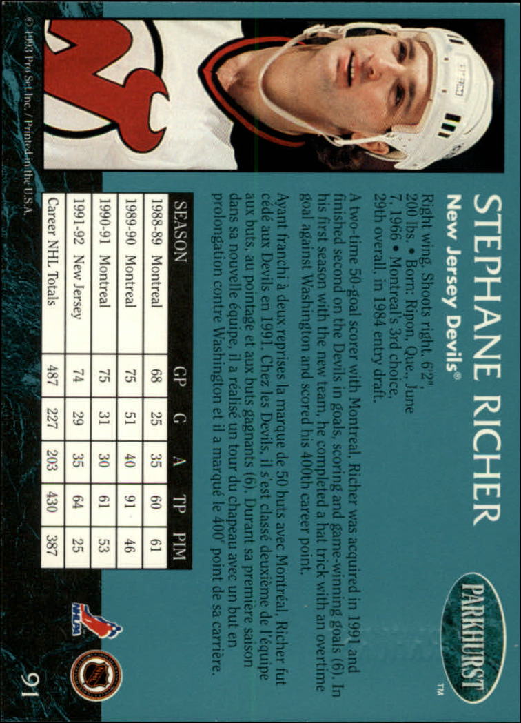 1992-93 Parkhurst Emerald Ice #91 Stephane Richer back image
