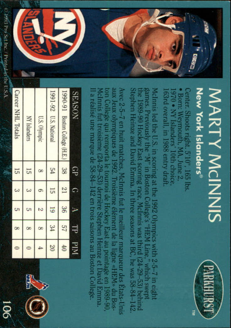 1992-93 Parkhurst Emerald Ice #106 Marty McInnis back image