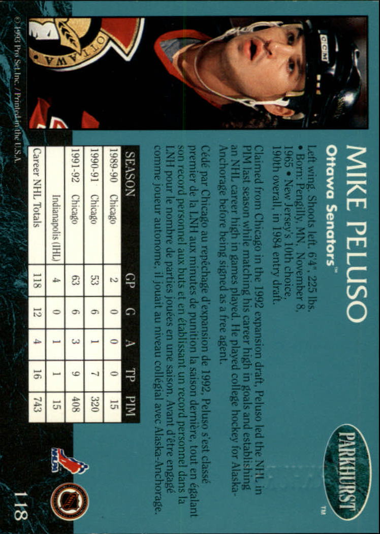 1992-93 Parkhurst Emerald Ice #118 Mike Peluso back image