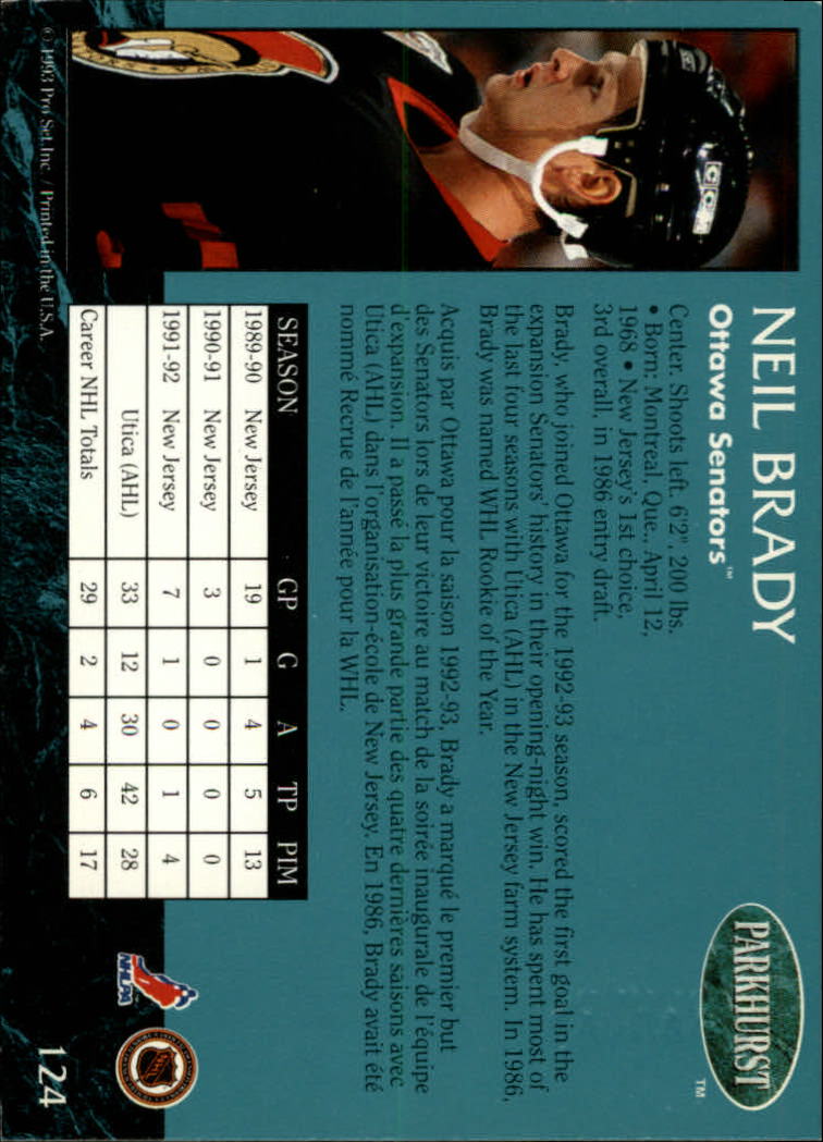 1992-93 Parkhurst Emerald Ice #124 Neil Brady back image