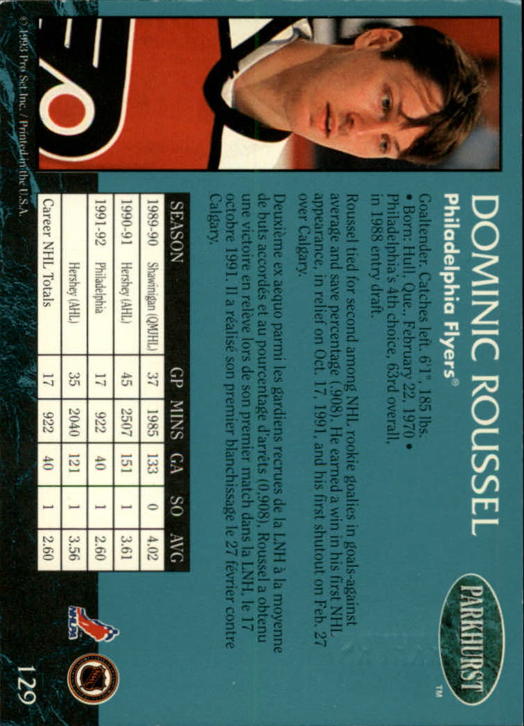 1992-93 Parkhurst Emerald Ice #129 Dominic Roussel back image
