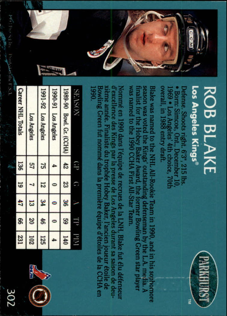 1992-93 Parkhurst Emerald Ice #302 Rob Blake back image