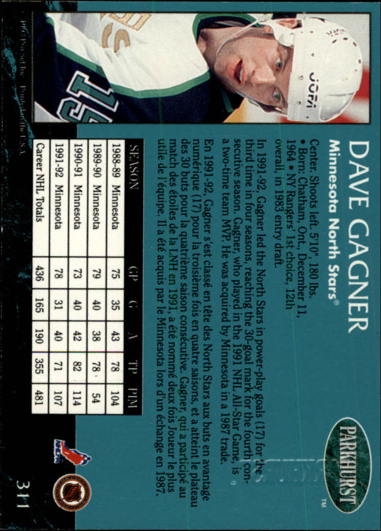 1992-93 Parkhurst Emerald Ice #311 Dave Gagner back image