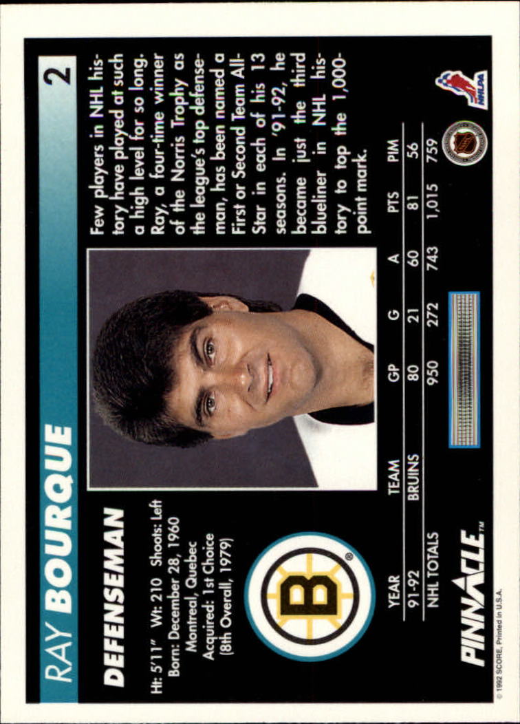 1992-93 Pinnacle #2 Ray Bourque back image