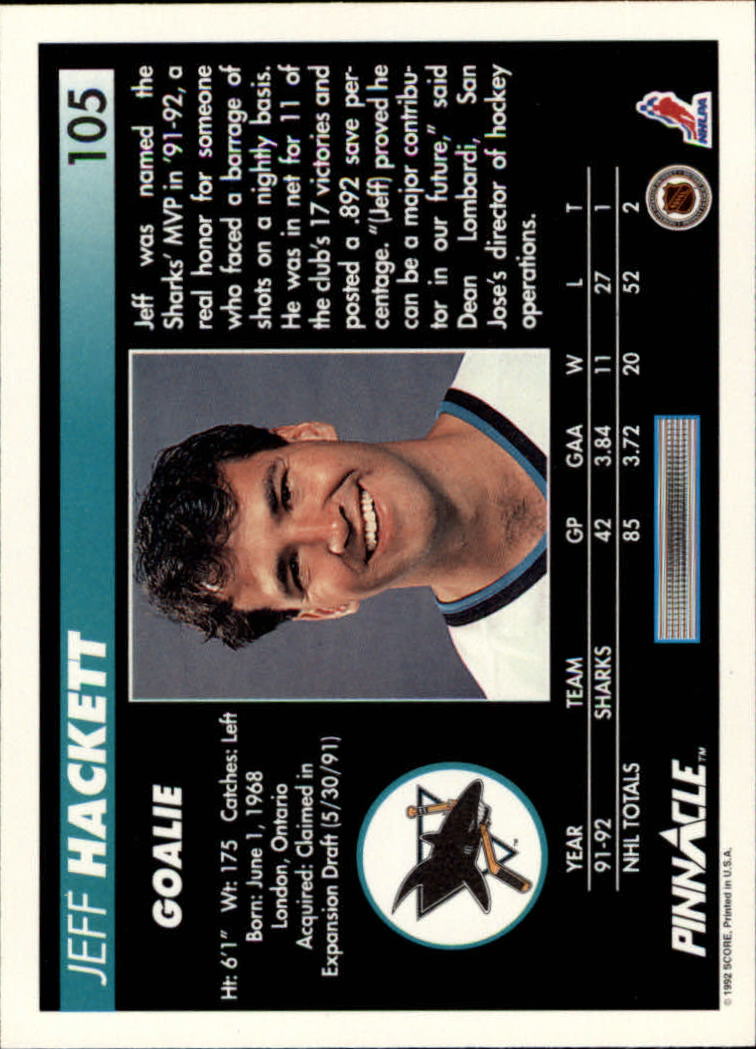 1992-93 Pinnacle #105 Jeff Hackett back image