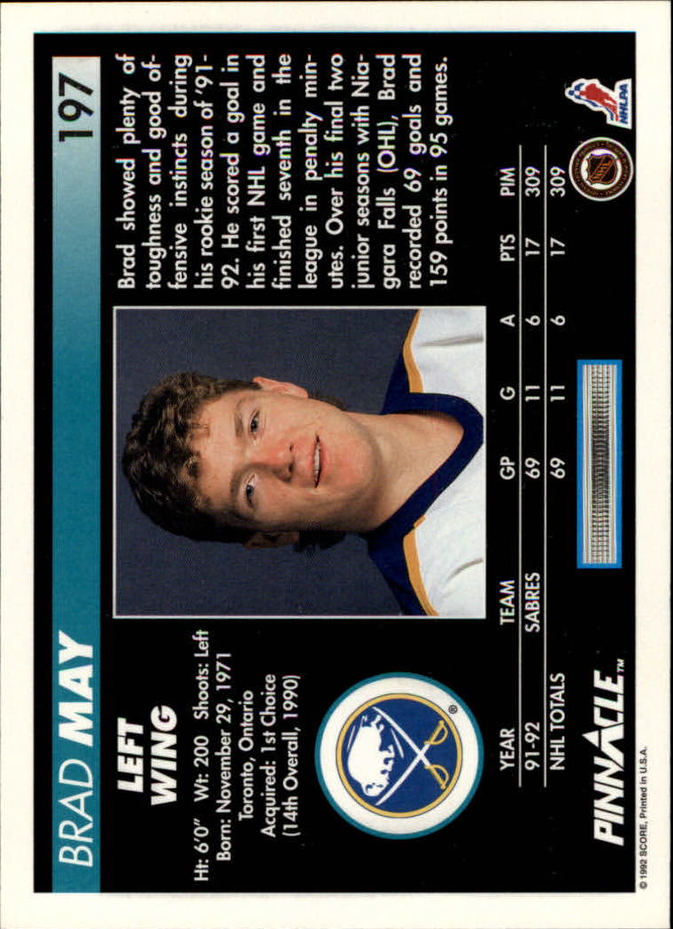 1992-93 Pinnacle #197 Brad May back image