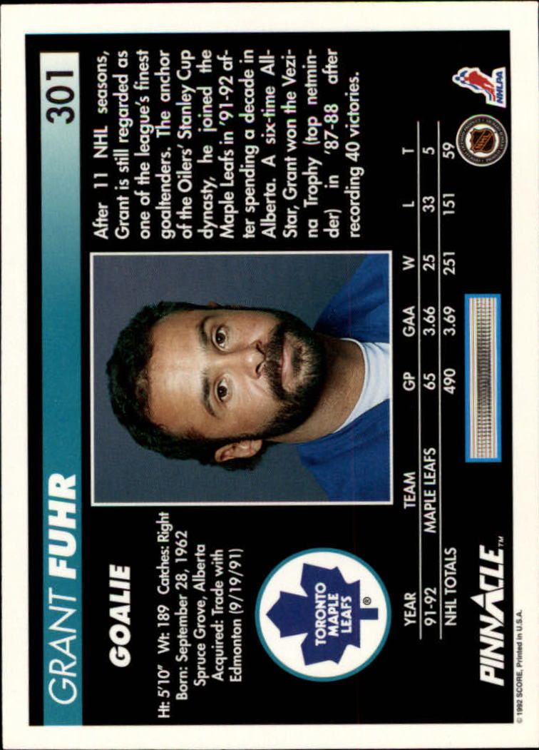 1992-93 Pinnacle #301 Grant Fuhr back image