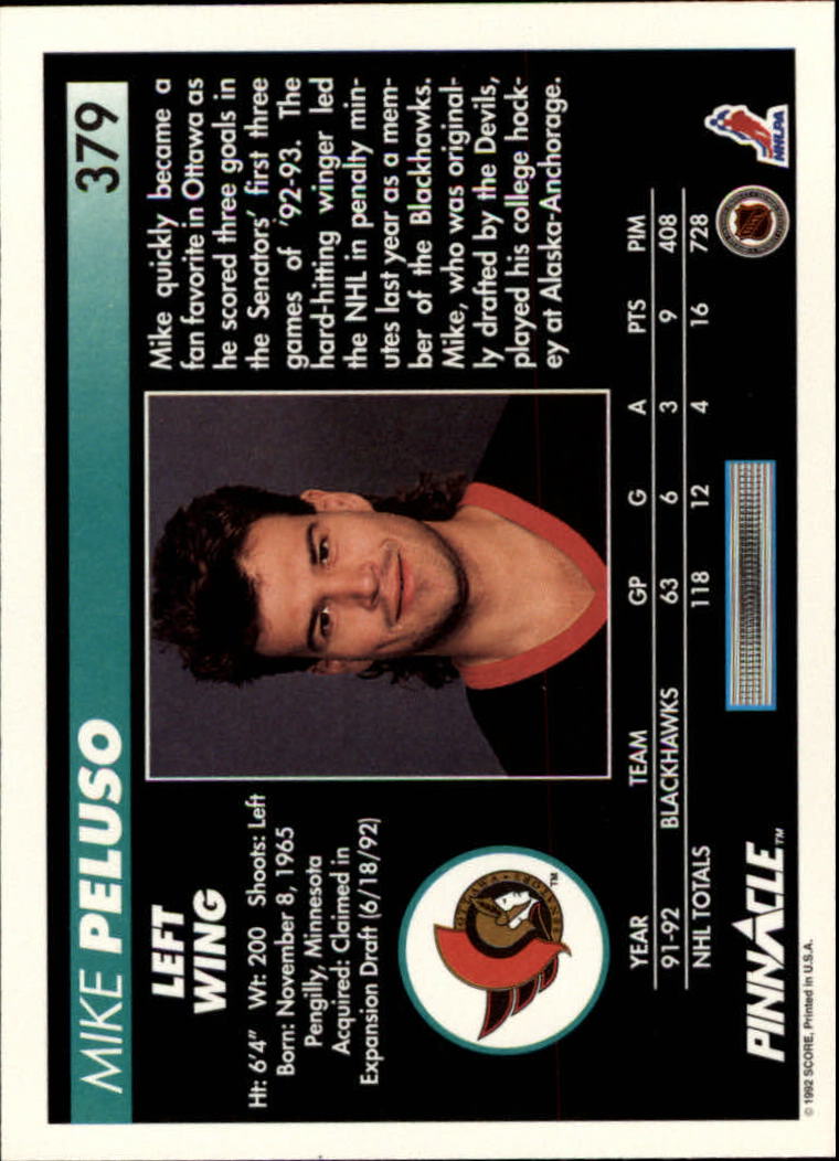 1992-93 Pinnacle #379 Mike Peluso back image