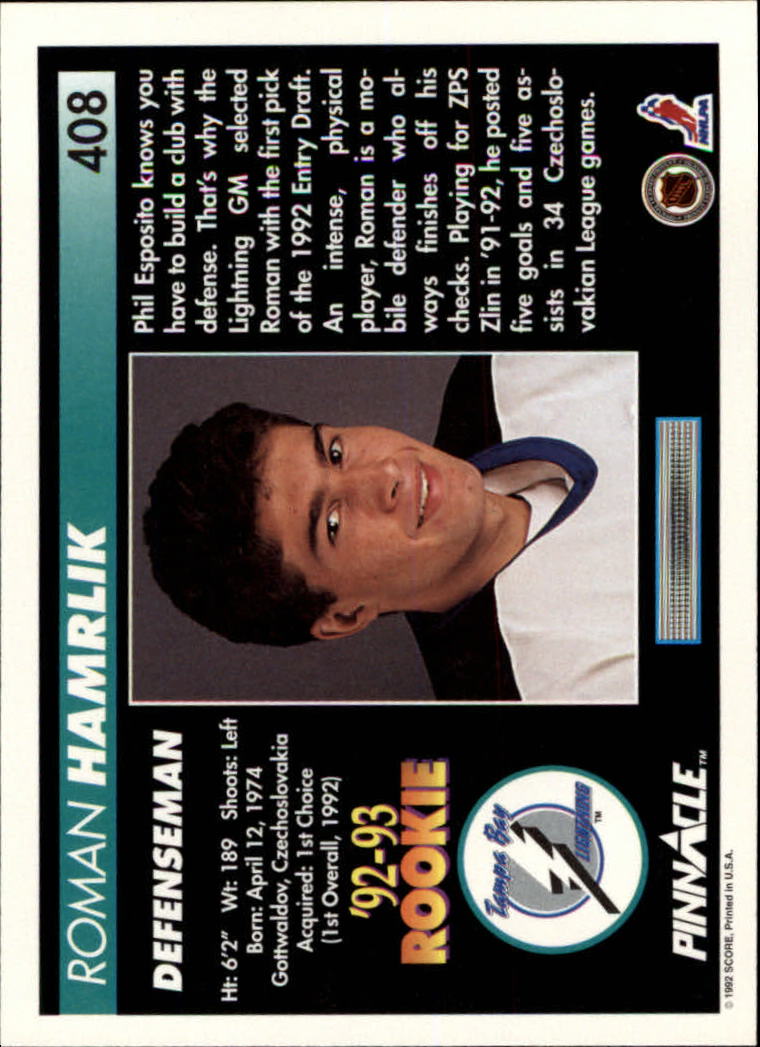 1992-93 Pinnacle #408 Roman Hamrlik RC back image