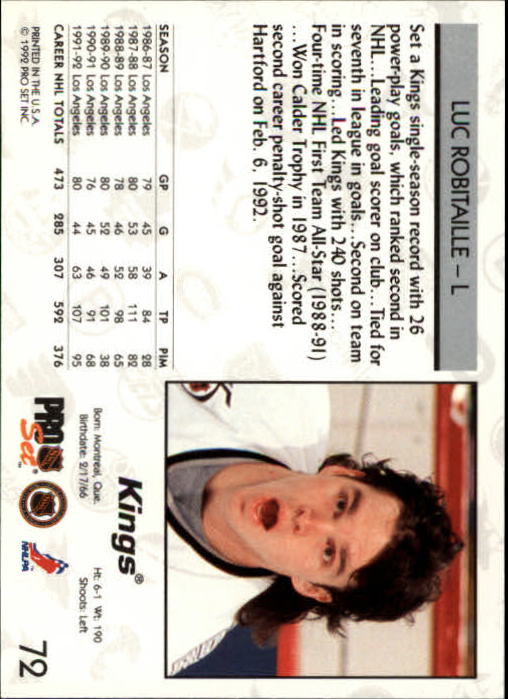1992-93 Pro Set #72 Luc Robitaille back image