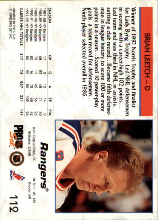 1992-93 Pro Set #112 Brian Leetch back image