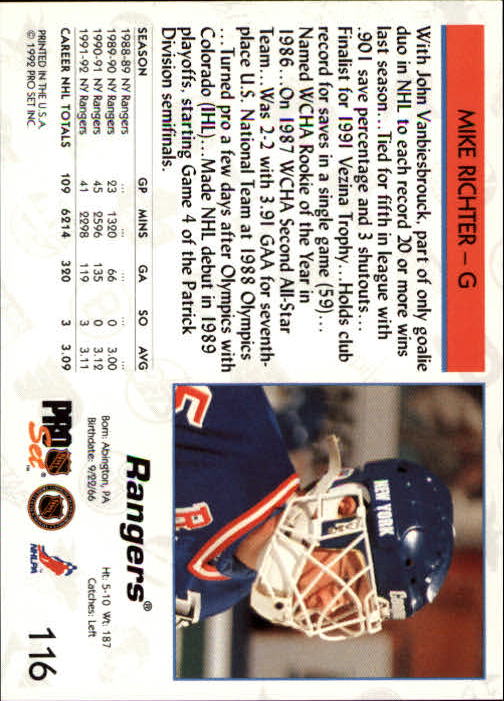 1992-93 Pro Set #116 Mike Richter back image