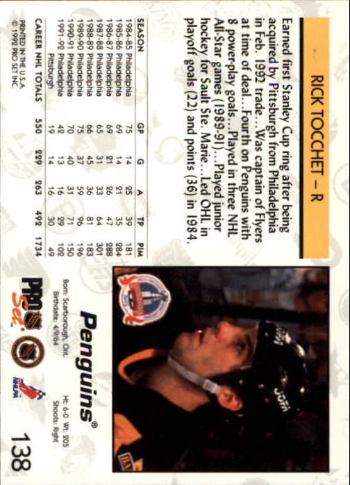 1992-93 Pro Set #138 Rick Tocchet back image