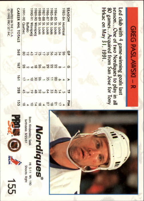 1992-93 Pro Set #155 Greg Paslawski back image