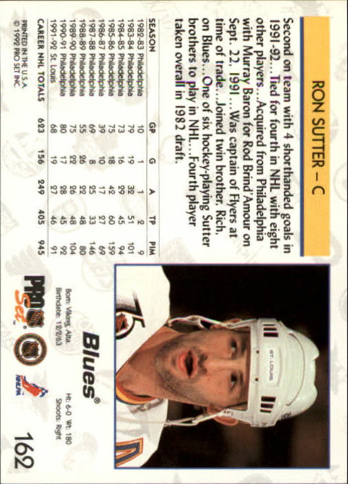 1992-93 Pro Set #162 Ron Sutter back image