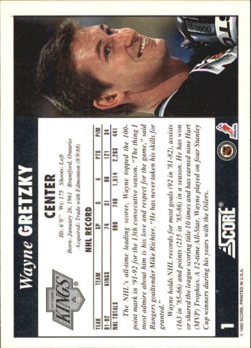 1992-93 Score #1 Wayne Gretzky back image