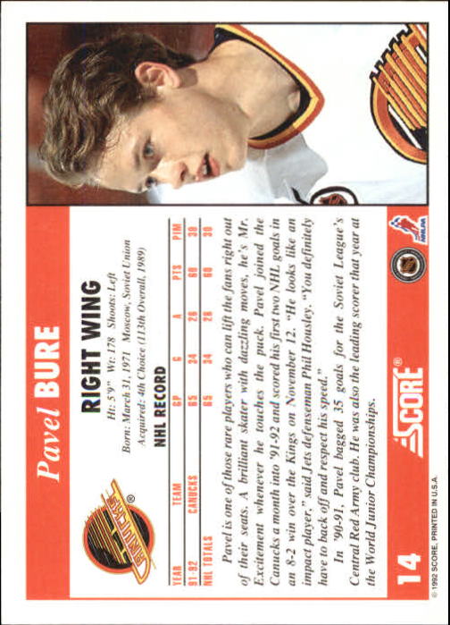 1992-93 Score #14 Pavel Bure back image