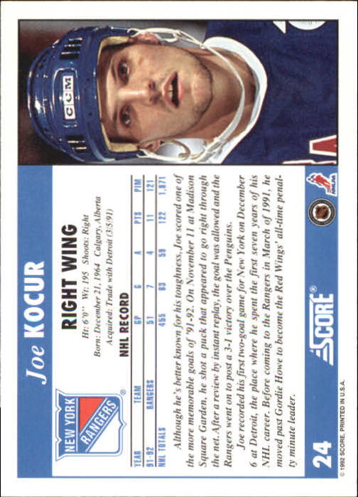 1992-93 Score #24 Joey Kocur back image