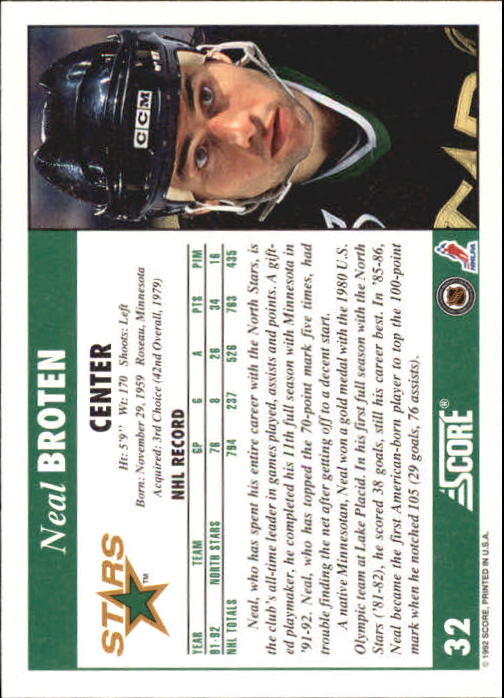 1992-93 Score #32 Neal Broten back image