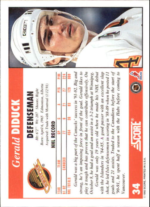 1992-93 Score #34 Gerald Diduck back image
