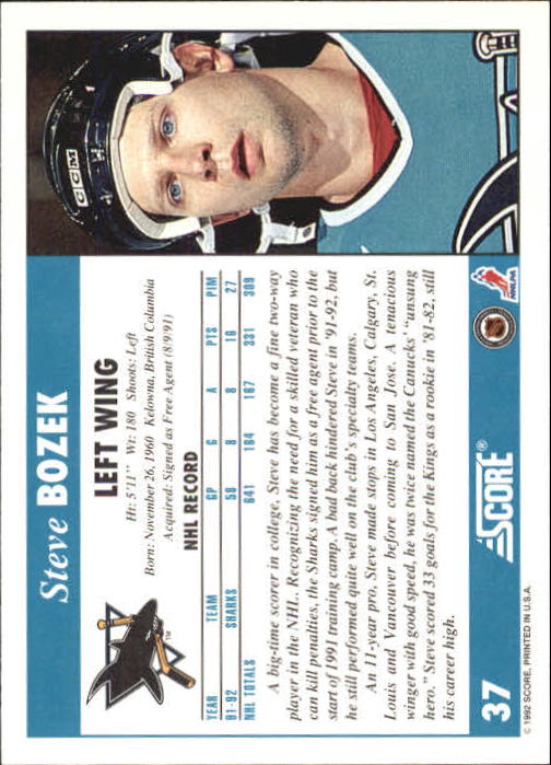 1992-93 Score #37 Steve Bozek back image
