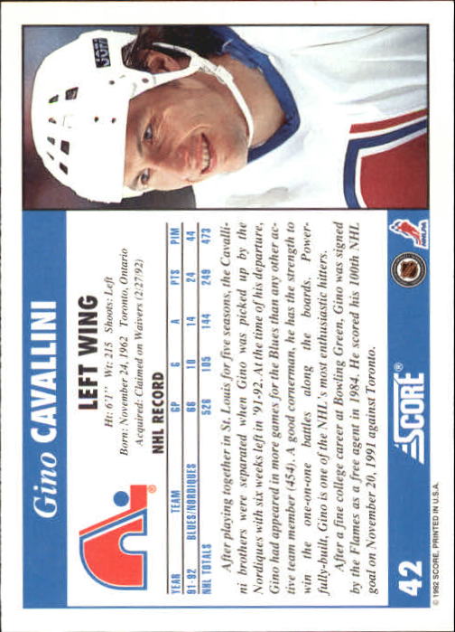1992-93 Score #42 Gino Cavallini back image