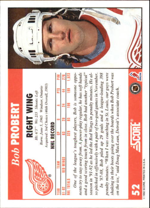 1992-93 Score #52 Bob Probert back image