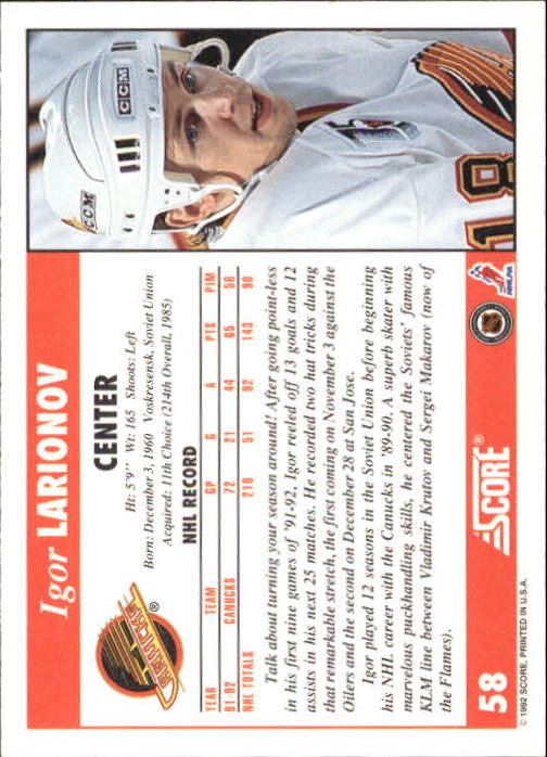 1992-93 Score #58 Igor Larionov back image