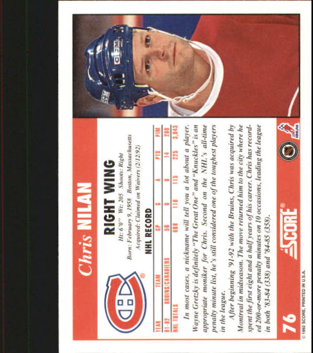 1992-93 Score #76 Chris Nilan back image