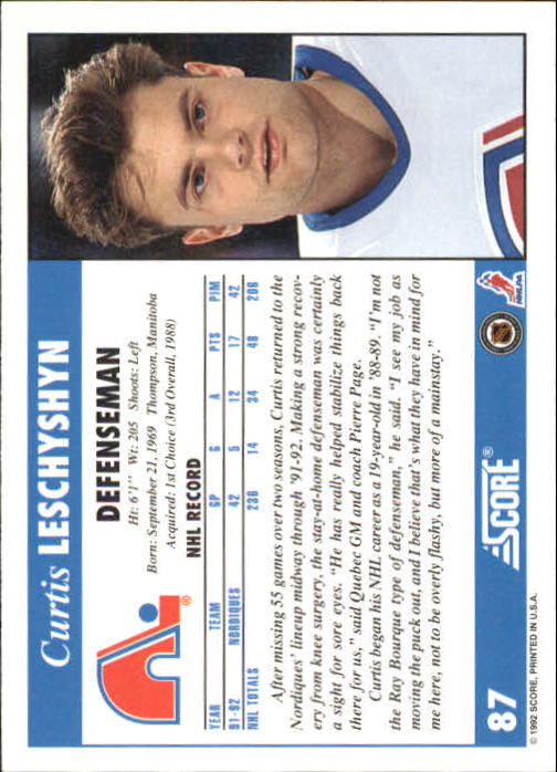 1992-93 Score #87 Curtis Leschyshyn back image