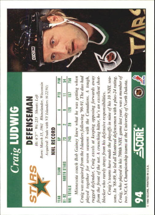 1992-93 Score #94 Craig Ludwig back image