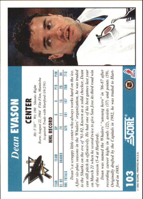 1992-93 Score #103 Dean Evason back image