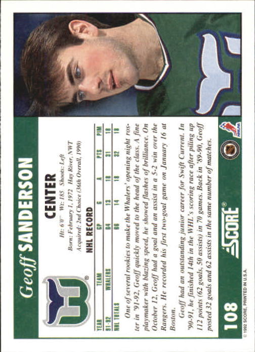 1992-93 Score #108 Geoff Sanderson back image