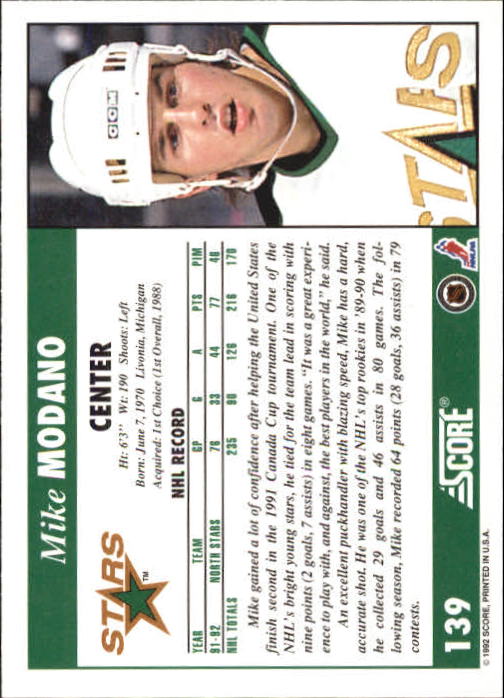 1992-93 Score #139 Mike Modano back image