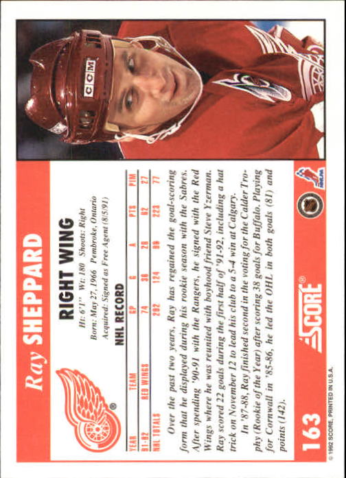 1992-93 Score #163 Ray Sheppard back image