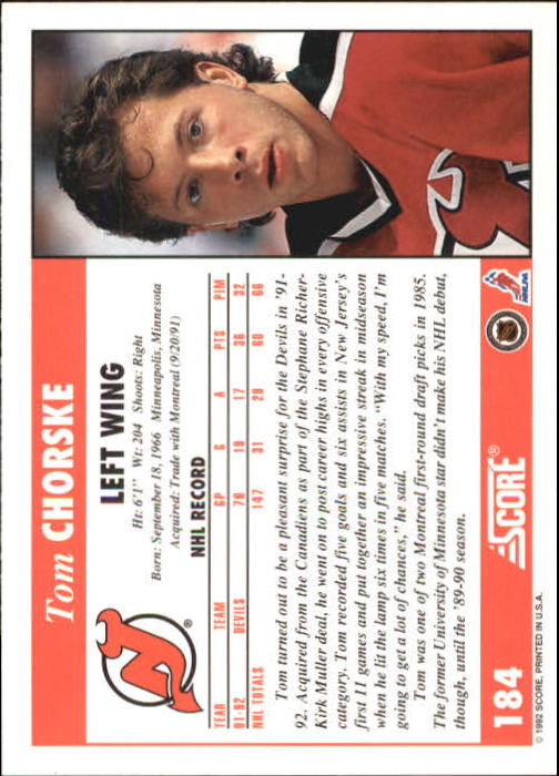 1992-93 Score #184 Tom Chorske back image