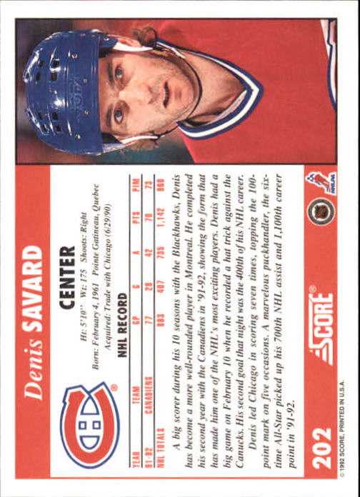 1992-93 Score #202 Denis Savard back image