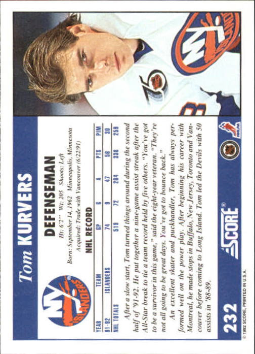 1992-93 Score #232 Tom Kurvers back image