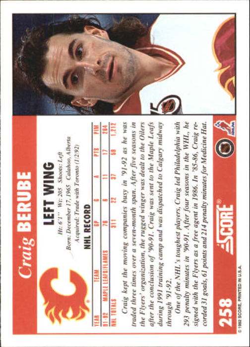 1992-93 Score #258 Craig Berube back image