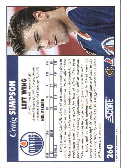 1992-93 Score #260 Craig Simpson back image