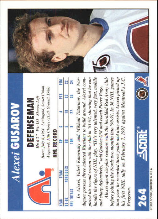 1992-93 Score #264 Alexei Gusarov back image